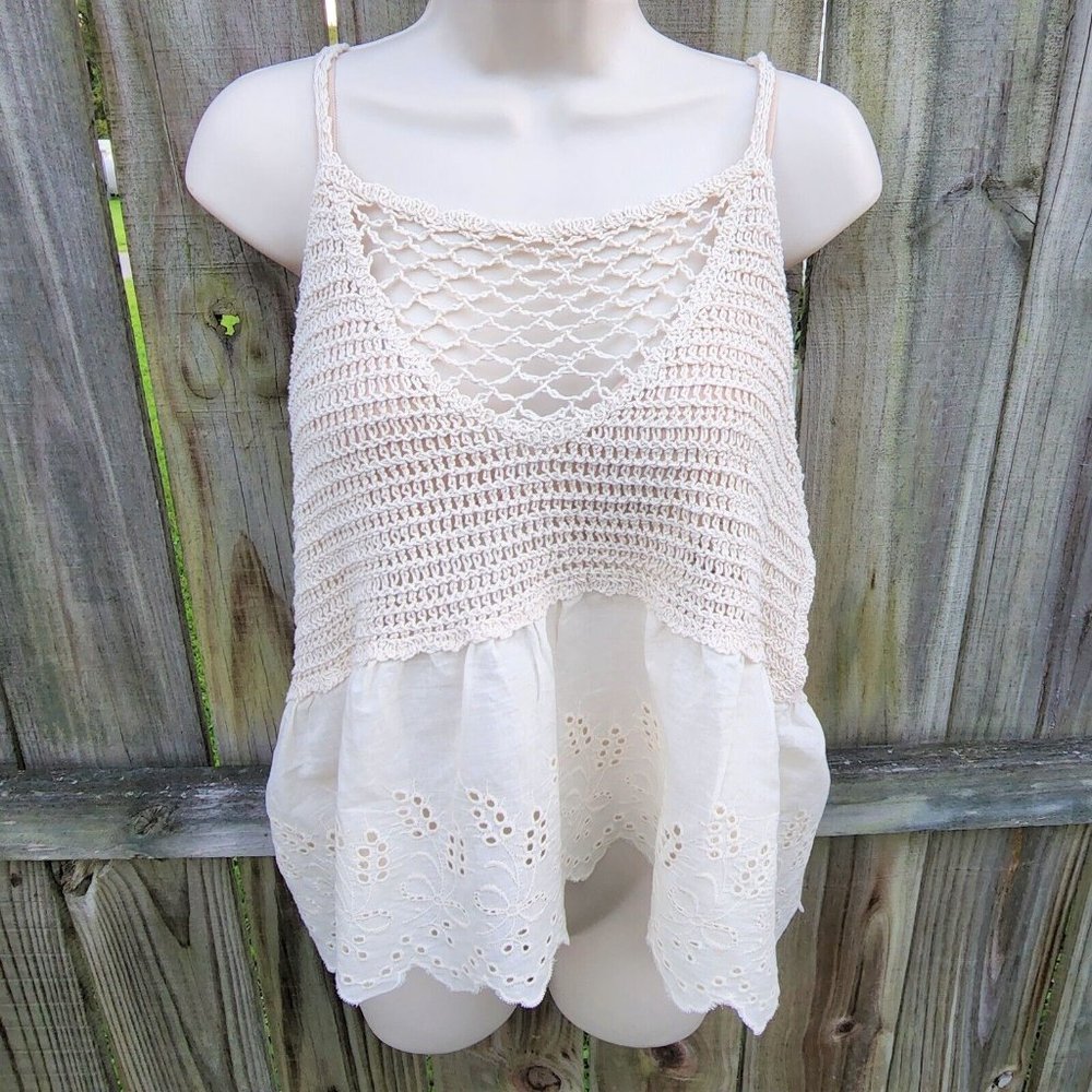 NWT Timing Women's Knited Top, Size M/L, Eyelet Detail, Spagetti Strap, Ivory